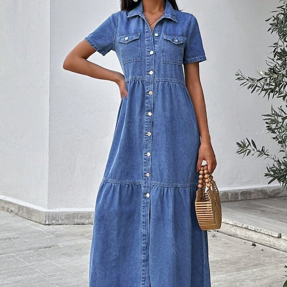 Light Wash Casual Women's Denim Shirt Dress With Ruffled Hem - Picture 5 of 7